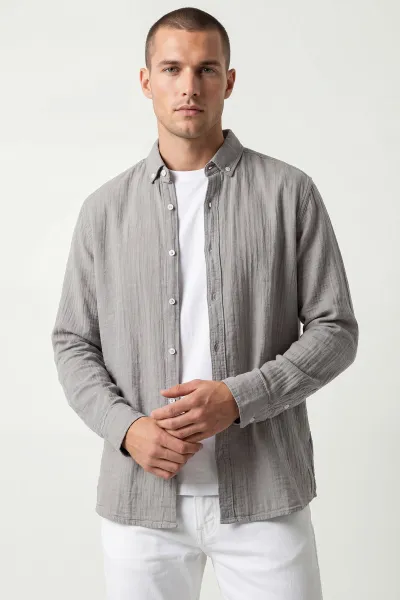 gri-relaxed-fit-muslin-keten-ata-yaka-erkek-gomlek-435757