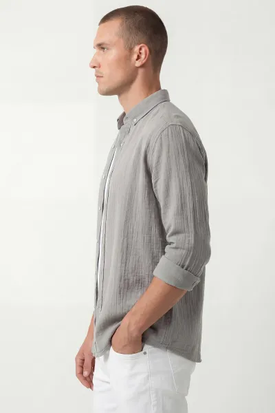 Gri Relaxed Fit Müslin Keten Ata Yaka Erkek Gömlek 435757