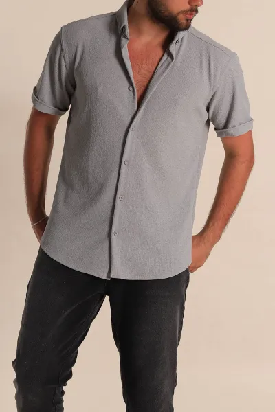 Gri Relaxed Fit Örme Duble Kısa Kollu Erkek Gömlek 278362