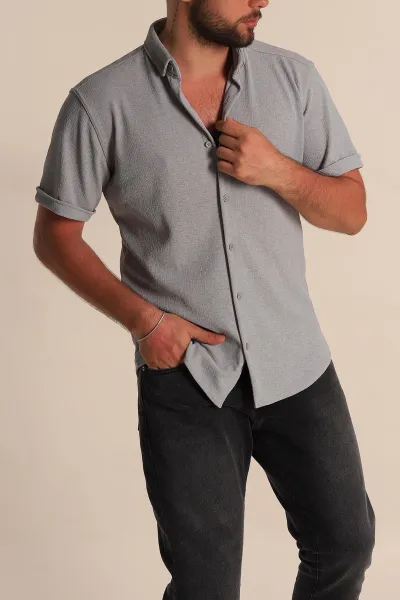 gri-relaxed-fit-orme-duble-kisa-kollu-erkek-gomlek-278362