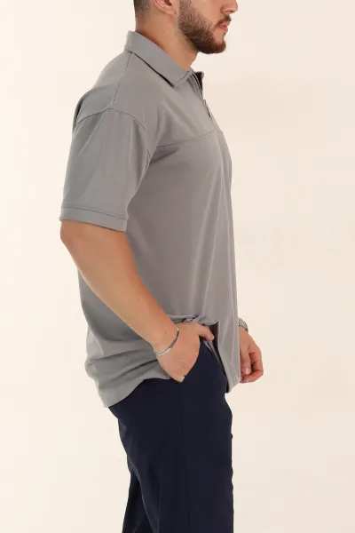 Gri Relaxed Fit Parçalı Kumaş Polo Yaka Erkek Tişört 363811
