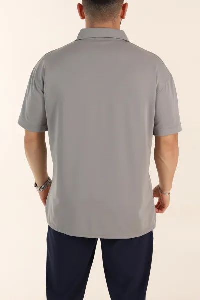 Gri Relaxed Fit Parçalı Kumaş Polo Yaka Erkek Tişört 363811