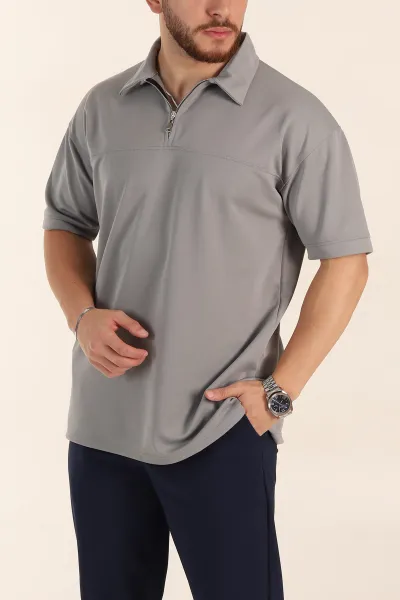 Gri Relaxed Fit Parçalı Kumaş Polo Yaka Erkek Tişört 363811