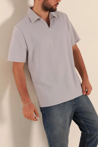 Gri Relaxed Fit Petek Dokulu Fermuarlı Polo Yaka Erkek Tişört 278874