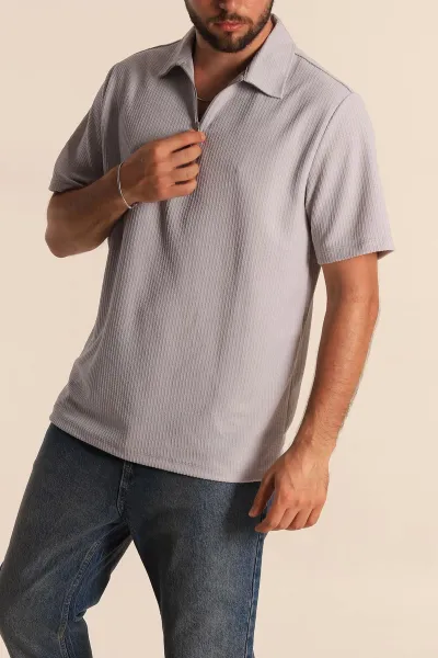 Gri Relaxed Fit Petek Dokulu Fermuarlı Polo Yaka Erkek Tişört 278874
