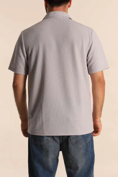 Gri Relaxed Fit Petek Dokulu Fermuarlı Polo Yaka Erkek Tişört 278874