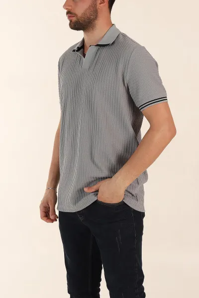 Gri Relaxed Fit Petek Dokulu Patlı Polo Yaka Erkek Tişört 370262