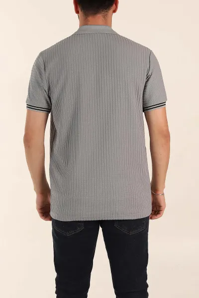 Gri Relaxed Fit Petek Dokulu Patlı Polo Yaka Erkek Tişört 370262