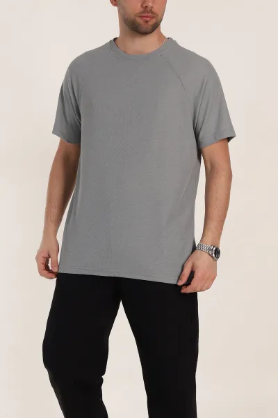 Gri Relaxed Fit Petek Dokulu Reglan Kol Basic Erkek Tişört 352027