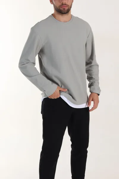Gri Relaxed Fit Pike Dokulu Basic Erkek Sweatshirt 398898