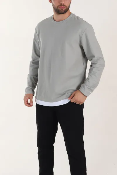 Gri Relaxed Fit Pike Dokulu Basic Erkek Sweatshirt 398898
