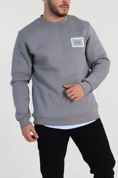 Gri Relaxed Fit Üç İp Şardonlu Baskılı Erkek Sweatshirt 309656
