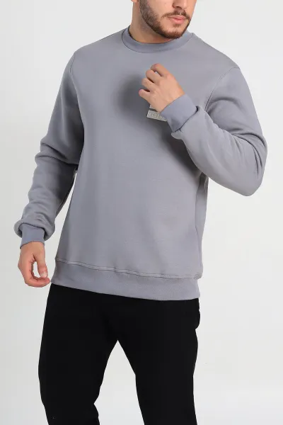 Gri Relaxed Fit Üç İp Şardonlu Kabartma Detaylı Erkek Sweatshirt 309882