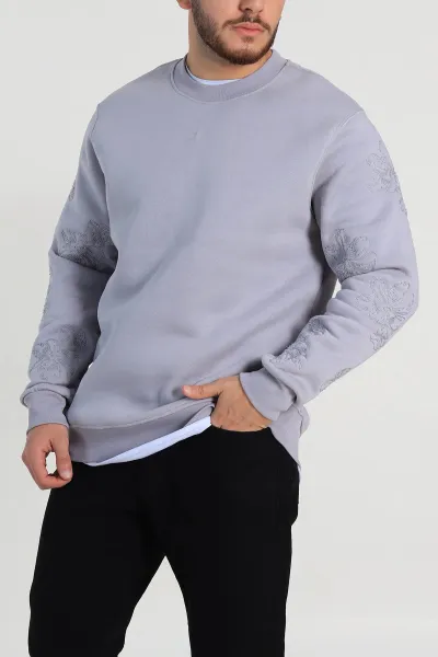 Gri Relaxed Fit Üç İp Şardonlu Nakış Detaylı Erkek Sweatshirt 311186
