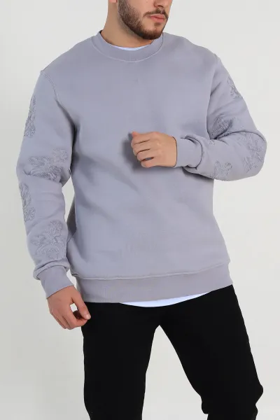 Gri Relaxed Fit Üç İp Şardonlu Nakış Detaylı Erkek Sweatshirt 311186