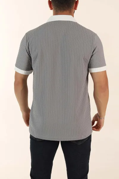 Gri Relaxed Fit Waffle Dokulu Polo Yaka Erkek Tişört 370348
