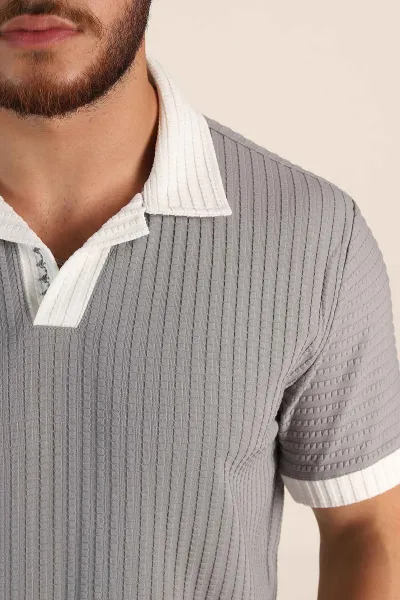 Gri Relaxed Fit Waffle Dokulu Polo Yaka Erkek Tişört 370348