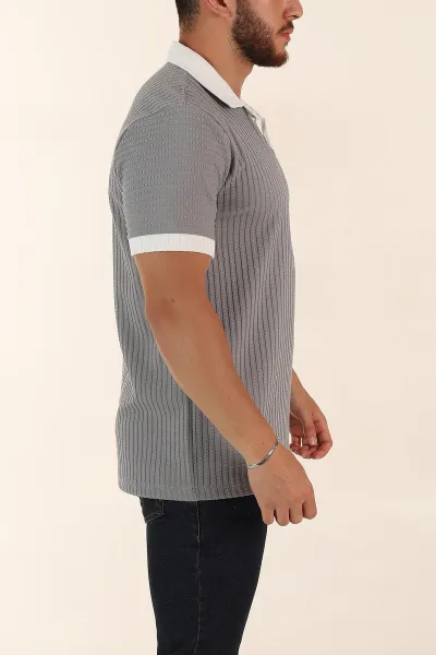 Gri Relaxed Fit Waffle Dokulu Polo Yaka Erkek Tişört 370348