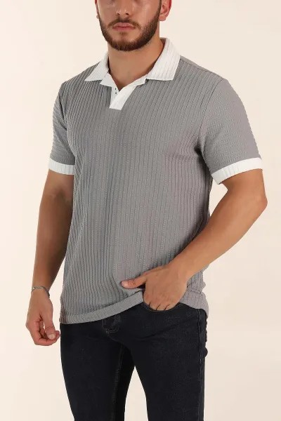 Gri Relaxed Fit Waffle Dokulu Polo Yaka Erkek Tişört 370348
