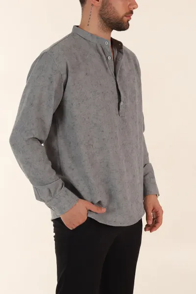 Gri Relaxed Fit Yarım Düğmeli Hakim Yaka Uzun Kollu Erkek Gömlek 369366