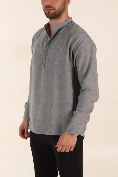Gri Relaxed Fit Yarım Düğmeli Hakim Yaka Uzun Kollu Erkek Gömlek 369366