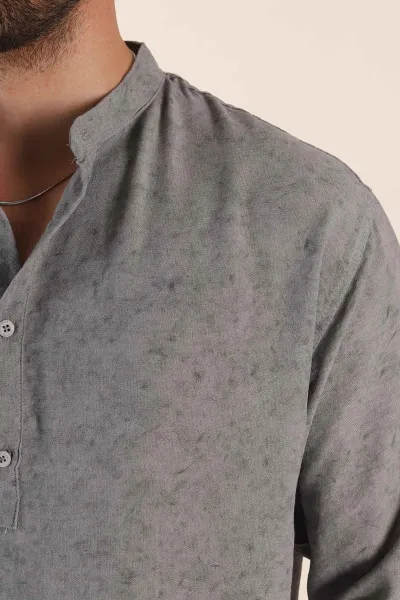 Gri Relaxed Fit Yarım Düğmeli Hakim Yaka Uzun Kollu Erkek Gömlek 369366