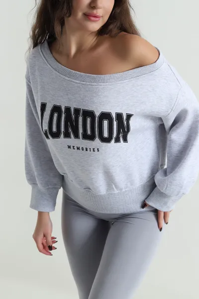 Gri Ribanalı Şardonlu Üç İp Kadın Sweat 497593
