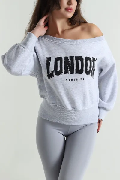 Gri Ribanalı Şardonlu Üç İp Kadın Sweat 497593