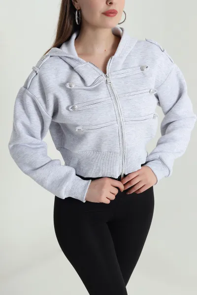Gri Şardonlu Apoletli Düğme Detay Sweat 489481