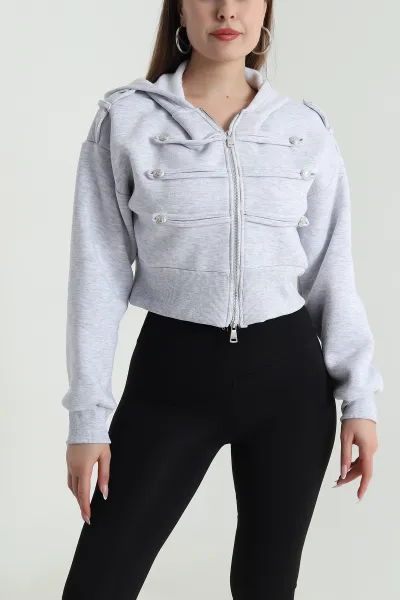 Gri Şardonlu Apoletli Düğme Detay Sweat 489481