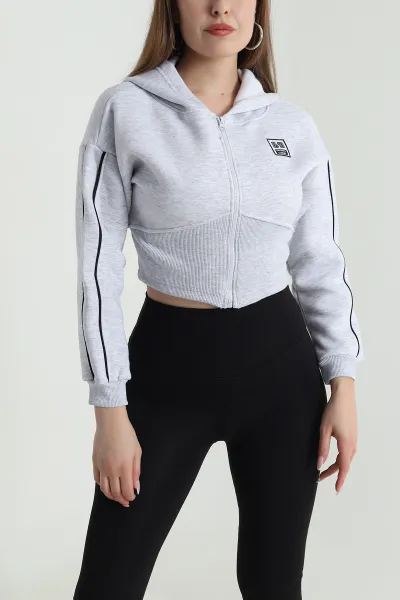 Gri Şardonlu Crop Kadın Sweat 489187