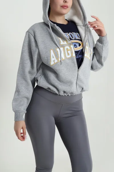 Gri Şardonlu İçi Bitişik Tişörtlü Kadın Üç İp Sweat 485154