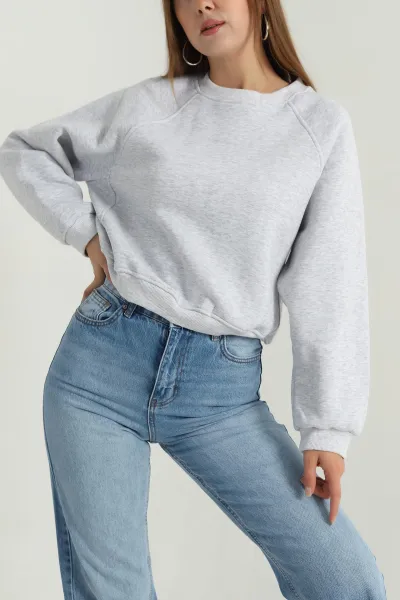Gri Şardonlu Kadın Fermuarsız Sweat 392394