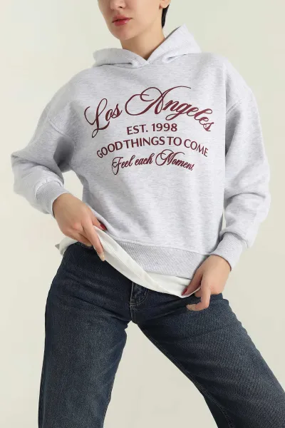 Gri Şardonlu Kapşonlu Baskılı Üç İp Kadın Sweat 417960