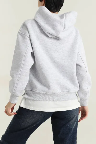 Gri Şardonlu Kapşonlu Baskılı Üç İp Kadın Sweat 417960