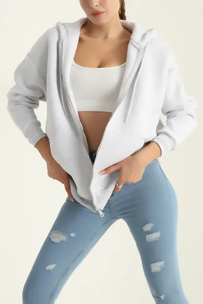 Gri Şardonlu Kapşonlu Üç İp Bayan Sweat 298069