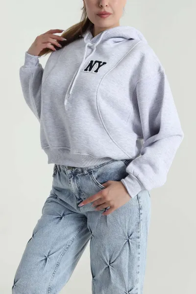 Gri Şardonlu Kapşonlu Üç İp Kadın Sweat 485081