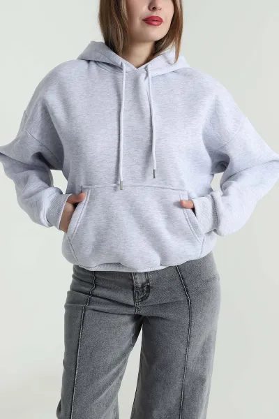 Gri Şardonlu Kapşonlu Üç İp Kadın Sweat 494328