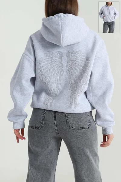 Gri Şardonlu Kapşonlu Üç İp Kadın Sweat 494328