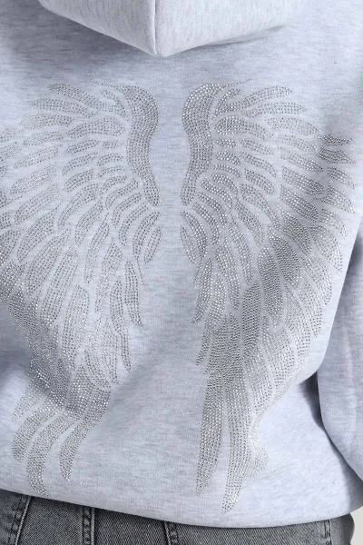 Gri Şardonlu Kapşonlu Üç İp Kadın Sweat 494328