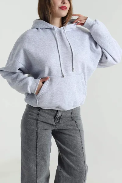 Gri Şardonlu Kapşonlu Üç İp Kadın Sweat 494328