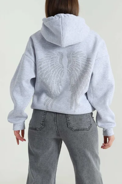 Gri Şardonlu Kapşonlu Üç İp Kadın Sweat 494328