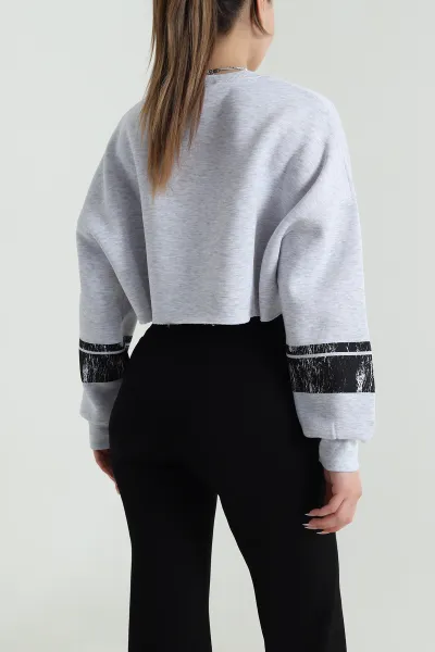 Gri Şardonlu Lazer Kesim Crop Sweat 489149