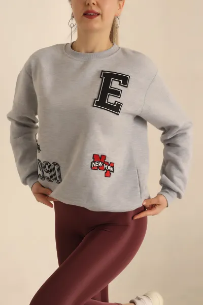 Gri Şardonlu Nakışlı Bayan Sweat 237618