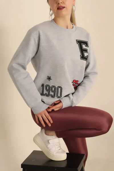 Gri Şardonlu Nakışlı Bayan Sweat 237618