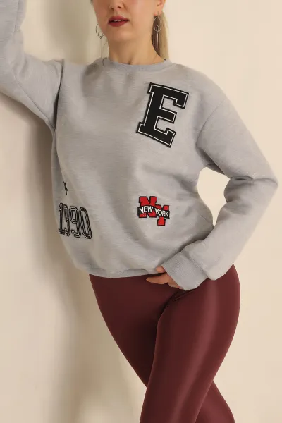 Gri Şardonlu Nakışlı Bayan Sweat 237618
