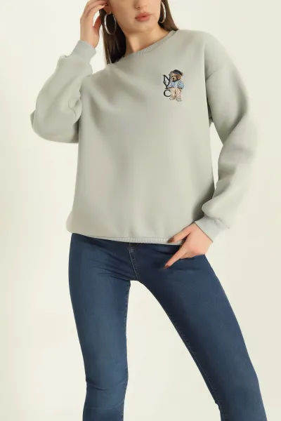 Gri Şardonlu Nakışlı Üç İp Bayan Sweat 330415