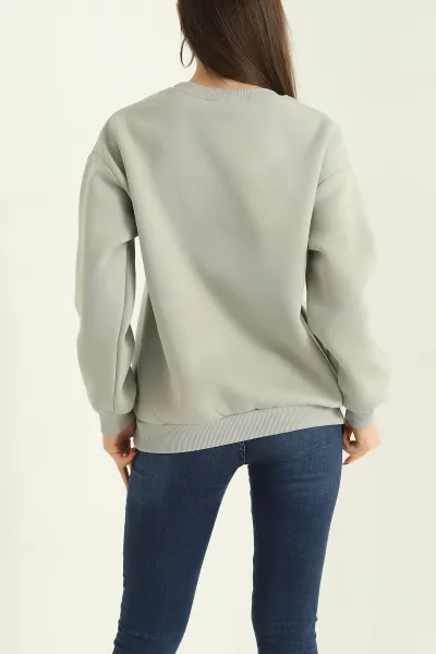 Gri Şardonlu Nakışlı Üç İp Bayan Sweat 330415
