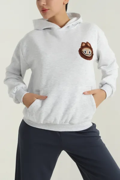 Gri Şardonlu Nakışlı Üç İp Kadın Sweat 394811