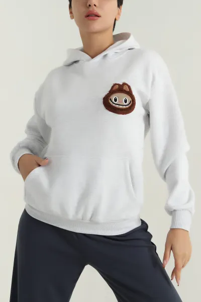 Gri Şardonlu Nakışlı Üç İp Kadın Sweat 394811